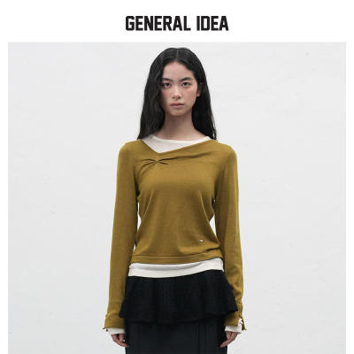 GENERAL IDEA BY BUMSUK不规则设计感褶皱假两件打底衫长袖上衣女