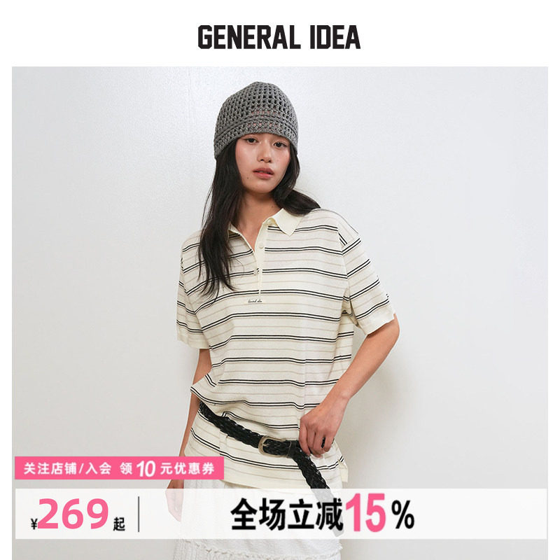 GENERAL IDEA BY BUMSUK宽松休闲横条纹polo领针织短袖T恤女上衣