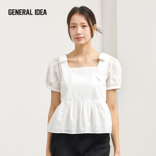 GENERAL IDEA新款法式双肩蝴蝶结泡泡袖短袖上衣方领甜美衬衫女士