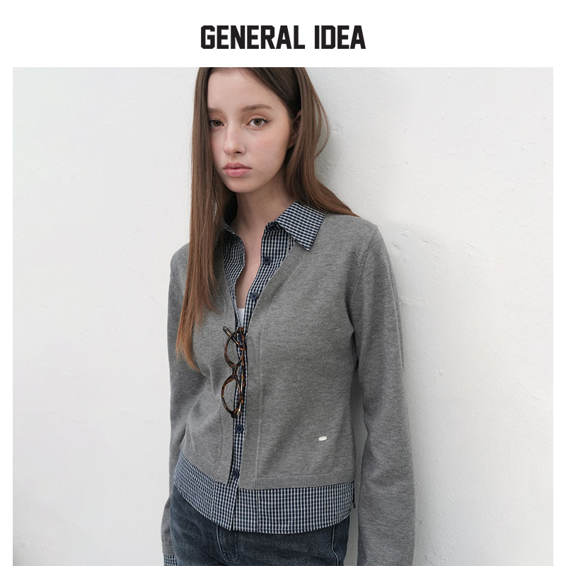 GENERAL IDEA BY BUMSUK知识分子格纹拼接假两件微收腰针织开衫