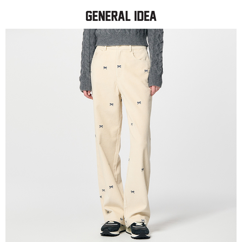 GENERAL IDEA BY BUMSUK蝴蝶结刺绣灯芯绒直筒裤休闲长裤女秋季