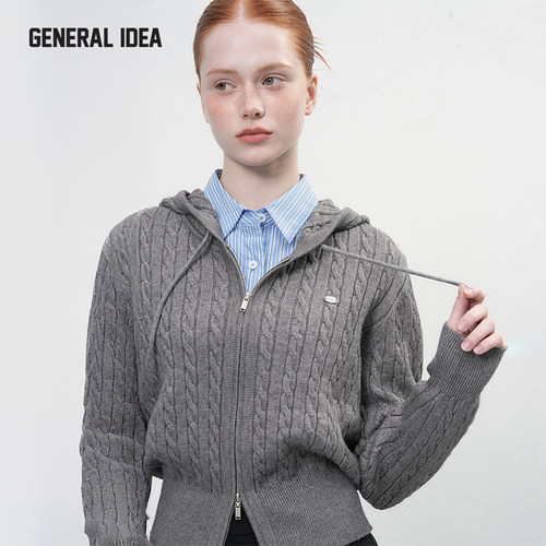 GENERAL IDEA羊毛混纺连帽绞花毛针织开衫拉链短外套2025冬新款女