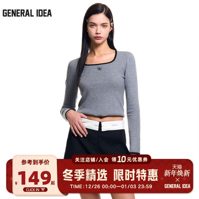 GENERAL IDEA BY BUMSUK拼色方领正肩羊毛套头长袖毛衣修身显瘦女