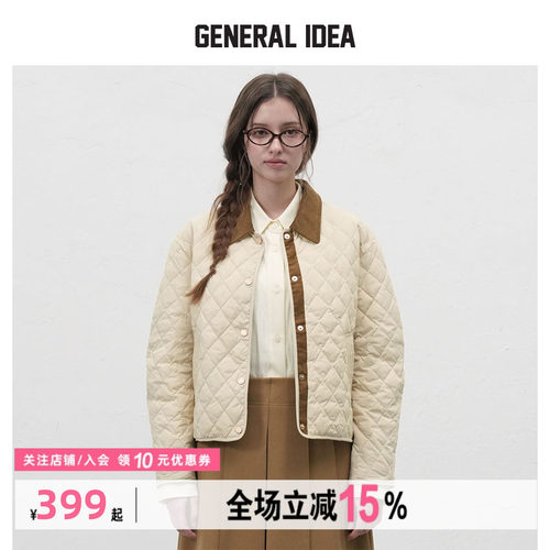 GENERAL IDEA BY BUMSUK复古米白菱格纹灯芯绒拼接夹克棉服外套女