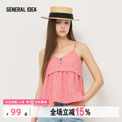 GENERAL IDEA新款英伦早餐格纹吊带背心休闲V领无袖上衣女士