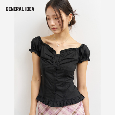 GENERAL IDEA BY BUMSUK法式宫廷风压花一字肩短袖上衣泡泡袖T恤