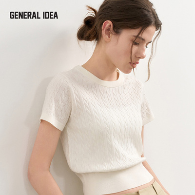 GENERAL IDEA BY BUMSUK经典老钱麻花微收腰短袖针织衫圆领修身女