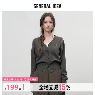 GENERAL IDEA显瘦V领金扣针织开衫复古修身百搭韩系毛衣女秋冬