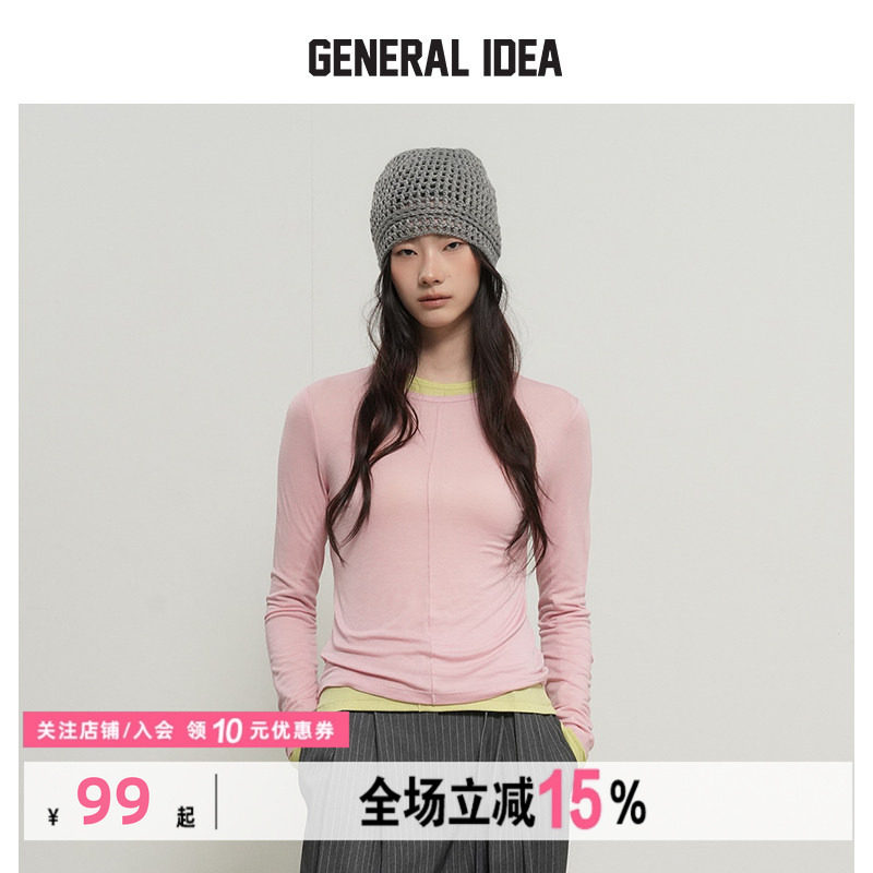 GENERAL IDEA BY BUMSUK莱赛尔垂坠感圆领压褶T恤长袖休闲薄款女