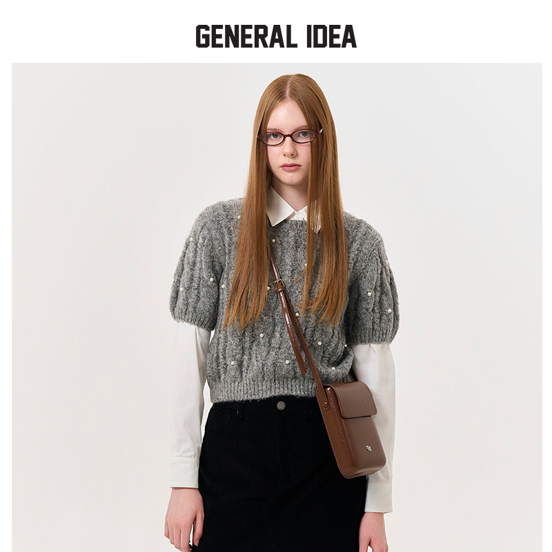 GENERAL IDEA BY BUMSUK珍珠镶嵌泡泡袖短袖针织毛衣女秋款小众