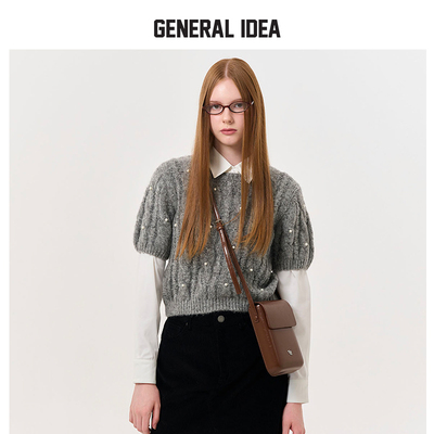 GENERAL IDEA BY BUMSUK珍珠镶嵌泡泡袖短袖针织毛衣女秋款小众