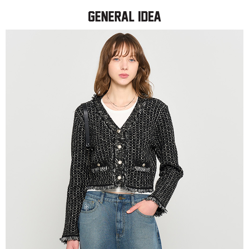 GENERAL IDEA BY BUMSUK小香风拼接毛边V领粗花呢编织长袖外套女