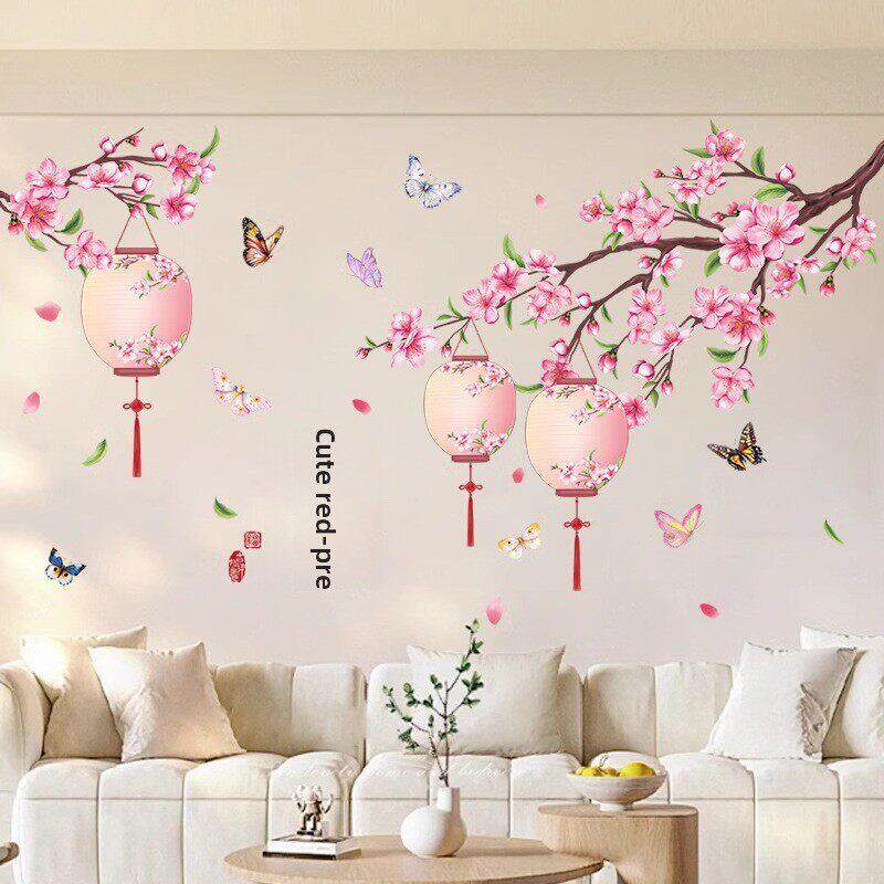 中式桃花灯墙面贴纸大厅沙发电视背景卧室房间床边不干胶装饰墙面