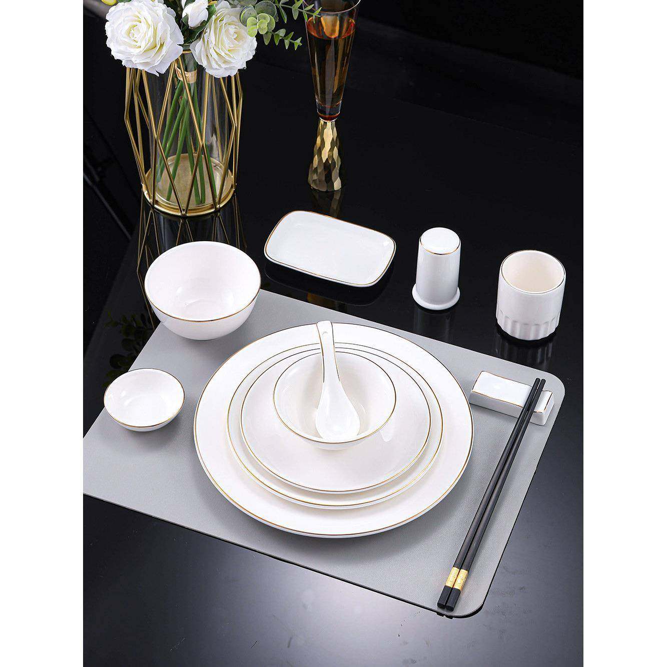 高档酒店会所金边摆台餐具新中式陶瓷盘碗骨碟套装三件套 四件套,餐饮具,碗,淘宝优惠券,粉丝福利购,淘宝优惠卷