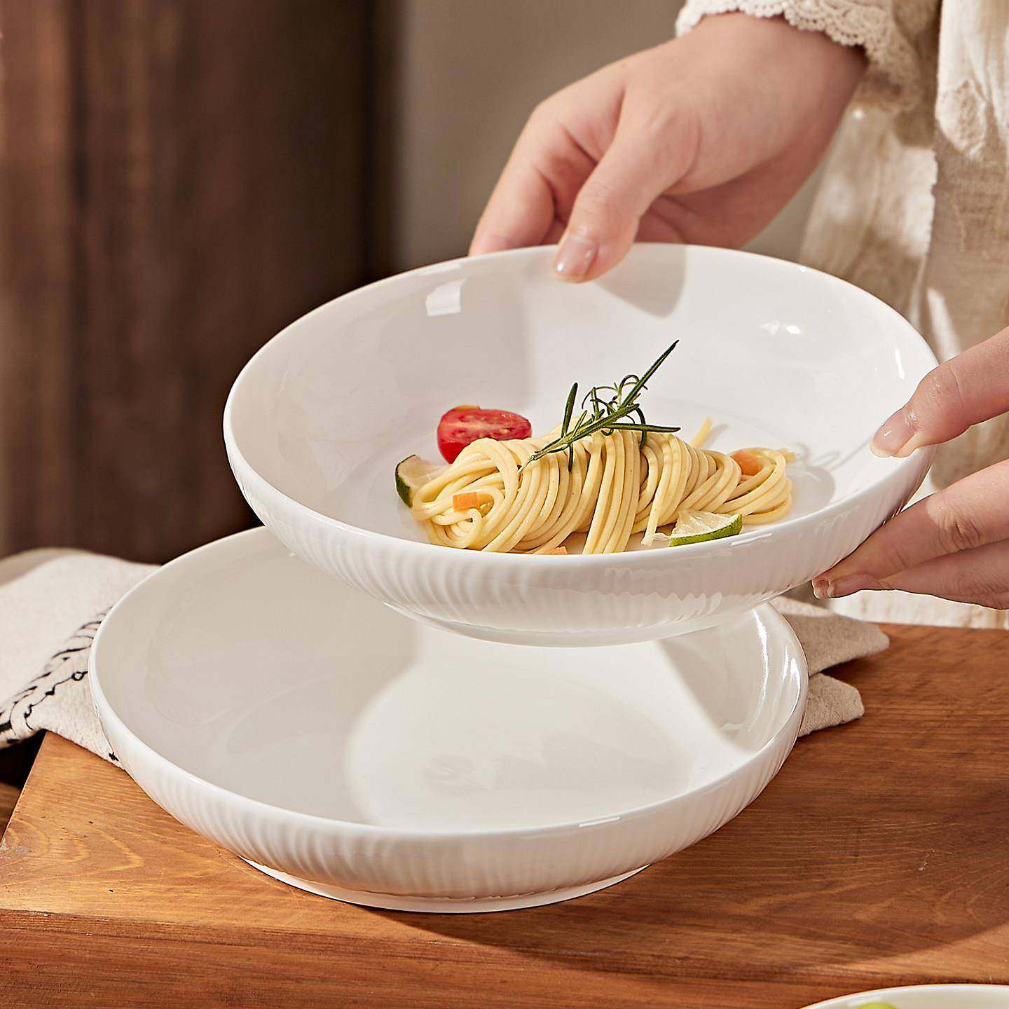 景德镇釉下彩纯白陶瓷深盘家用意面沙拉碗浮雕纹理餐具菜饭盘鱼盘,餐饮具,碗,淘宝优惠券,粉丝福利购,淘宝优惠卷