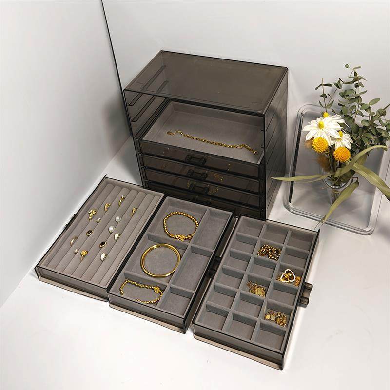 透灰首饰收纳盒抽屉式饰品耳饰项链珠宝整理盒亚克力耳环手镯架子