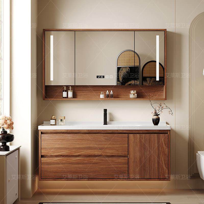 新款胡桃木色陶瓷一体盆浴室柜中古风化妆室洗漱台洗手脸盆柜组合