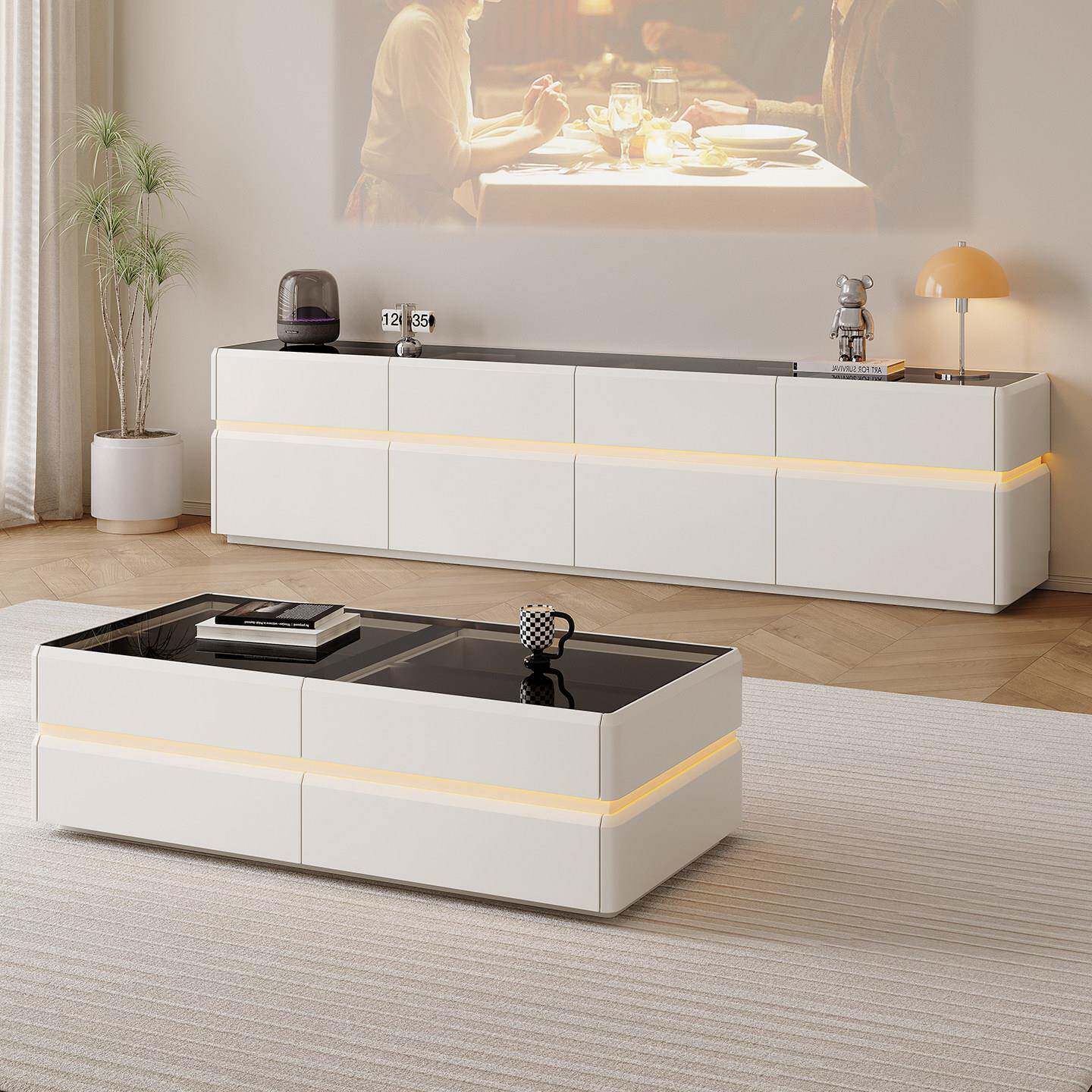 纯实木高款落地电视柜茶几组合简约现代客厅小户型地柜60cm高级感