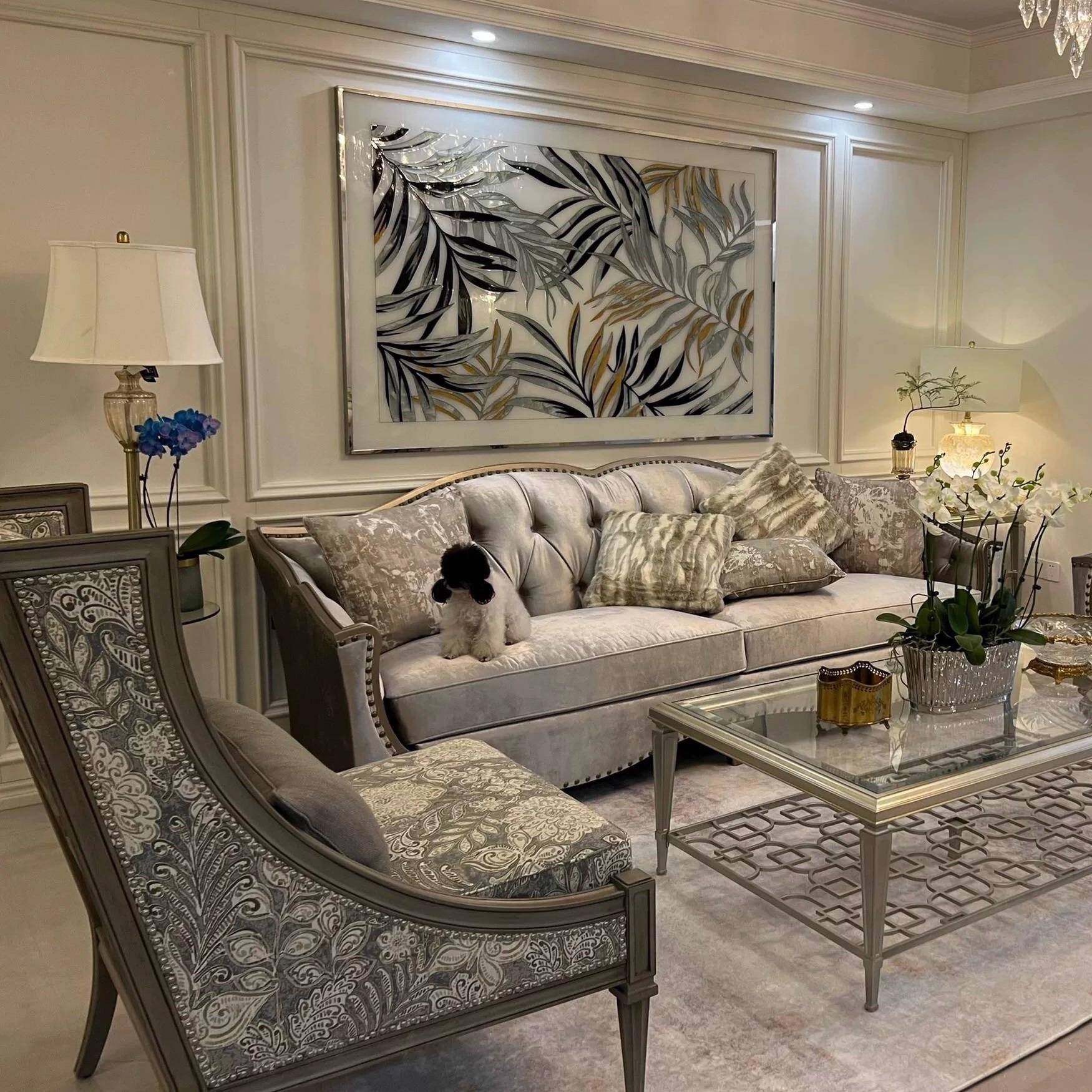 现货美式实木筑源经典实木高端三人雕花布艺沙发茶几客厅组合家具