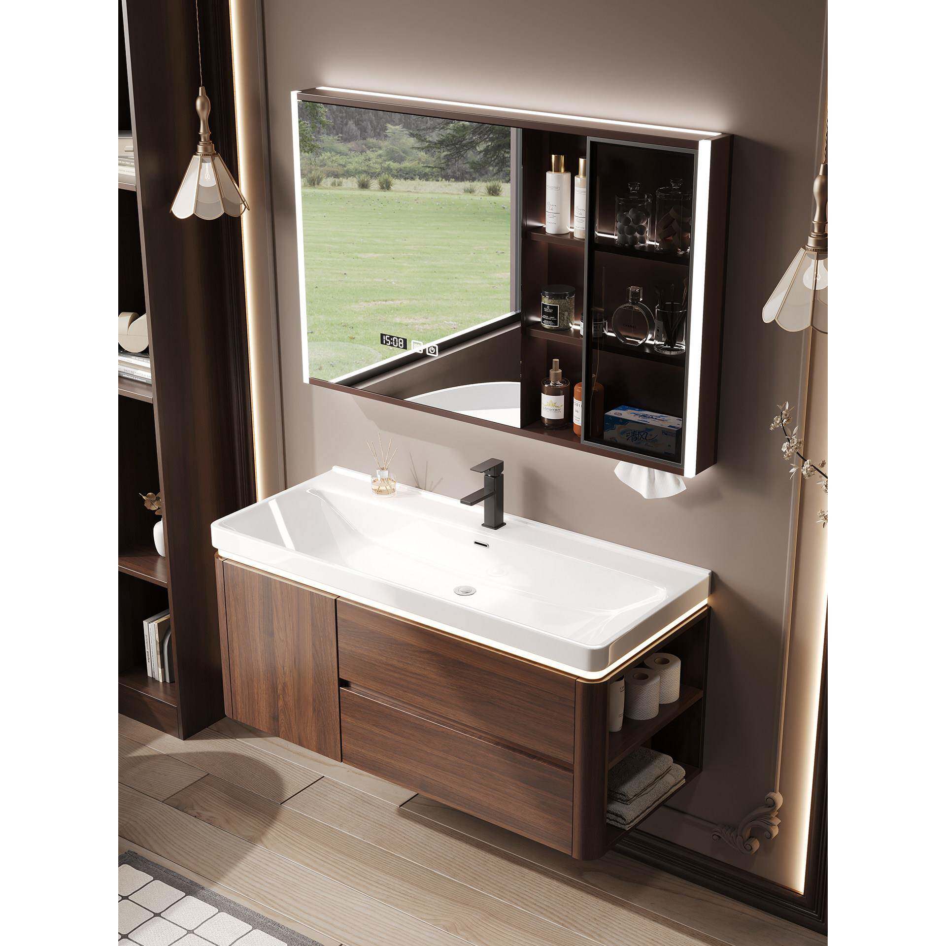 中古风胡桃木色浴室柜组合卫生间陶瓷一体海洋大盆洗手脸池洗漱台