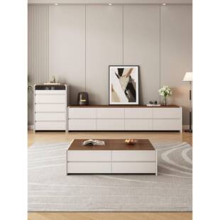 中古奶油风纯实木高款落地电视柜客厅家用收纳储物柜一体2025新款