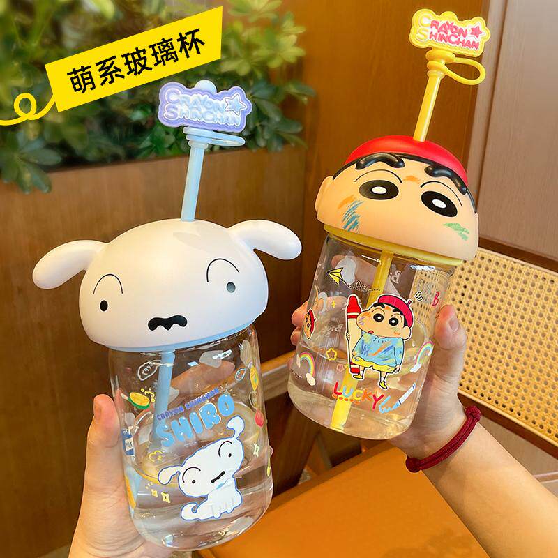 蜡笔小新水杯夏女生办公室高颜值高硼硅玻璃吸管杯儿童学生水杯子