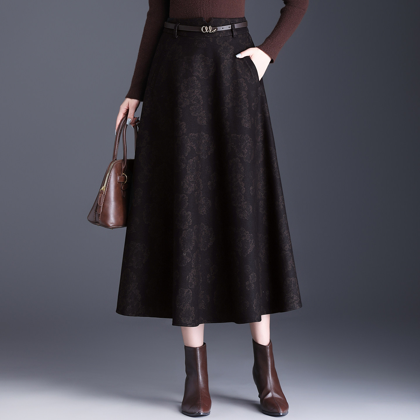 复古印花毛呢半身裙秋冬厚款高腰A字裙显瘦遮胯中长裙垂坠感伞裙,女装/女士精品,半身裙,淘宝优惠券,粉丝福利购,淘宝优惠卷