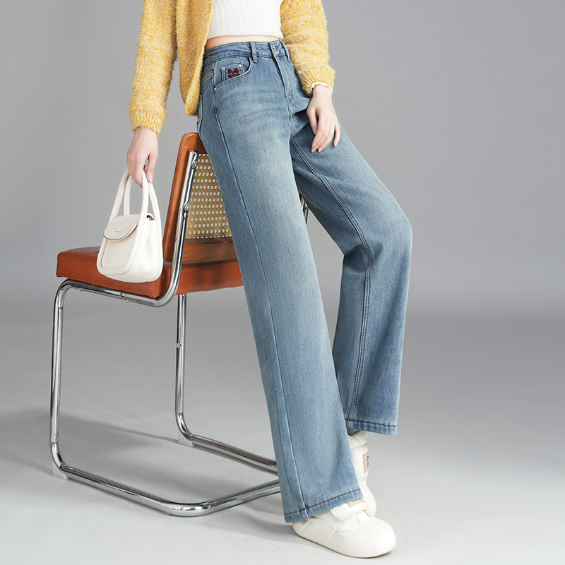 浅蓝色加绒阔腿牛仔裤女2026新款刺绣休闲裤高腰显瘦百搭直筒长裤,女装/女士精品,牛仔裤,淘宝优惠券,粉丝福利购,淘宝优惠卷