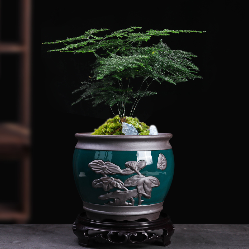 清香胡椒木紫砂花盆室内文竹绿植盆创意圆形蝴蝶兰透气高脚盆景盆