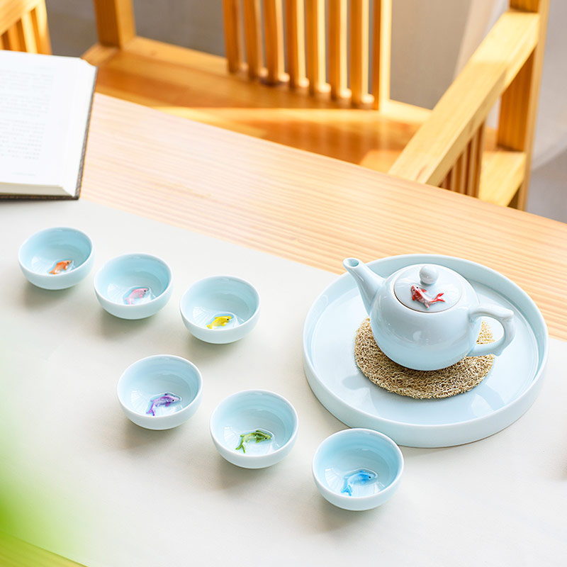 贰奇创意青瓷七彩小鱼功夫茶具陶瓷茶壶茶杯盖碗家用办公泡茶套装