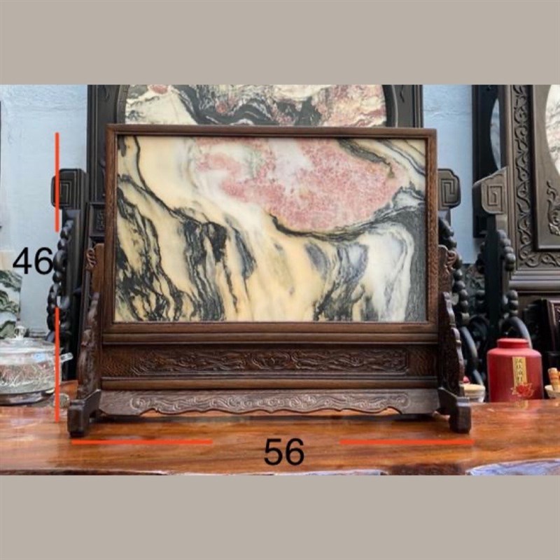 大理石天然石材屏风实木底座山水装饰画隔断家居大理石制品