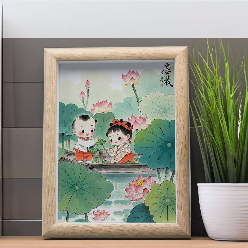 龙凤宝宝莲蓬送子摆件相框可爱娃娃水墨画卡通祝福早生贵子摆台潮