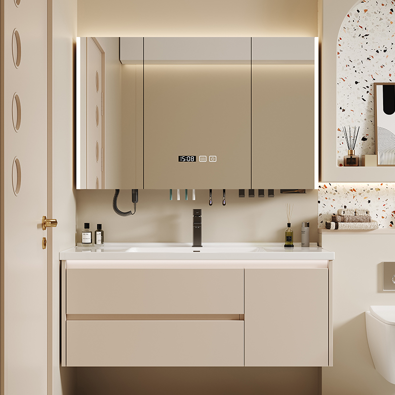 兔宝宝奶油风陶瓷一体盆浴室柜