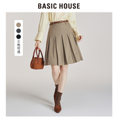 百家好卡其色A字半身裙女小个子高腰休闲西装 百褶裙减龄短裙子