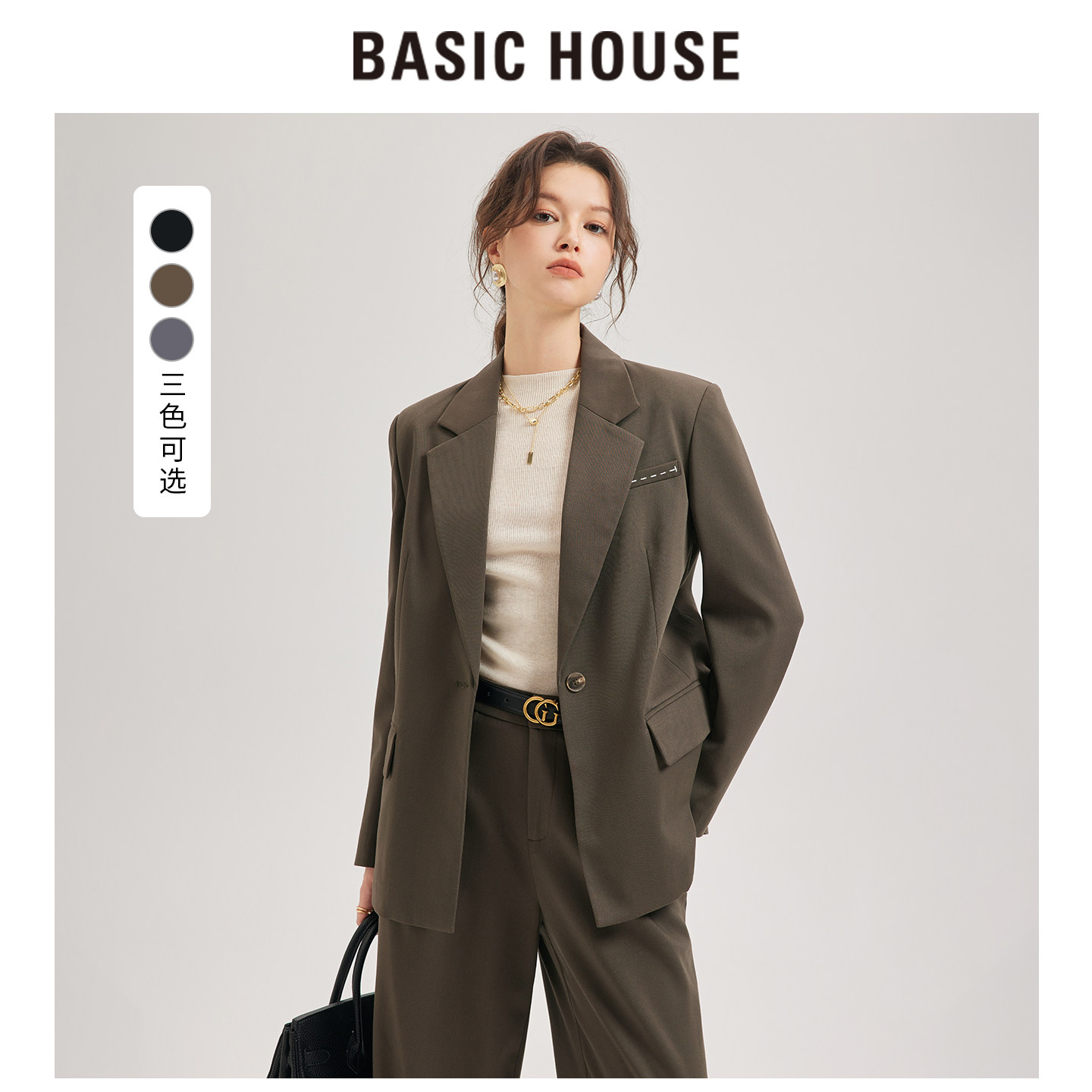 Basic House/百家好咖色西装套装女简约设计职场通勤干练西服外套