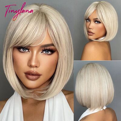 White Blonde Gray Synthetic Wigs with Bangs Short Straight B