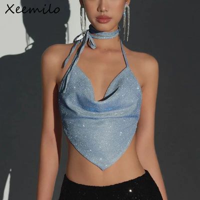 Xeemilo Y2K Shinny Backless Tank Top Sexy Deep V-neck Bandag