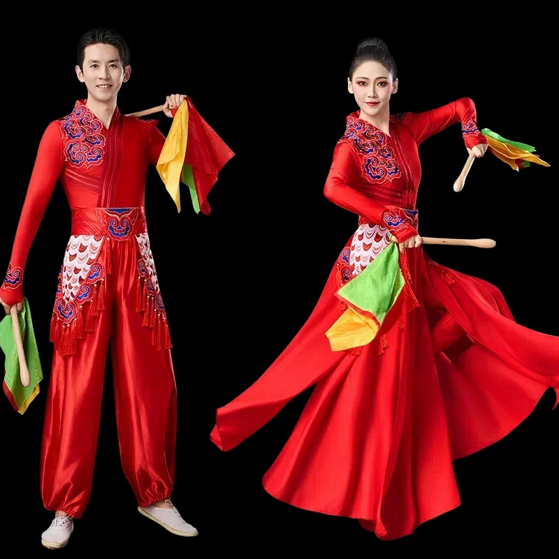 新款打鼓服舞龙舞狮表演服男女生秧歌服装腰鼓服武术练功服演出服