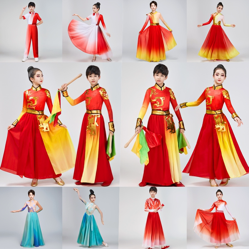 新款儿童男女腰鼓锣鼓打大鼓民族喜庆开场舞喜庆扇子秧歌舞表演服