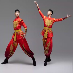 秧歌吉祥鼓红色中国风龙纹刺绣打鼓演出服男喜庆吉祥舞锣鼓表演服