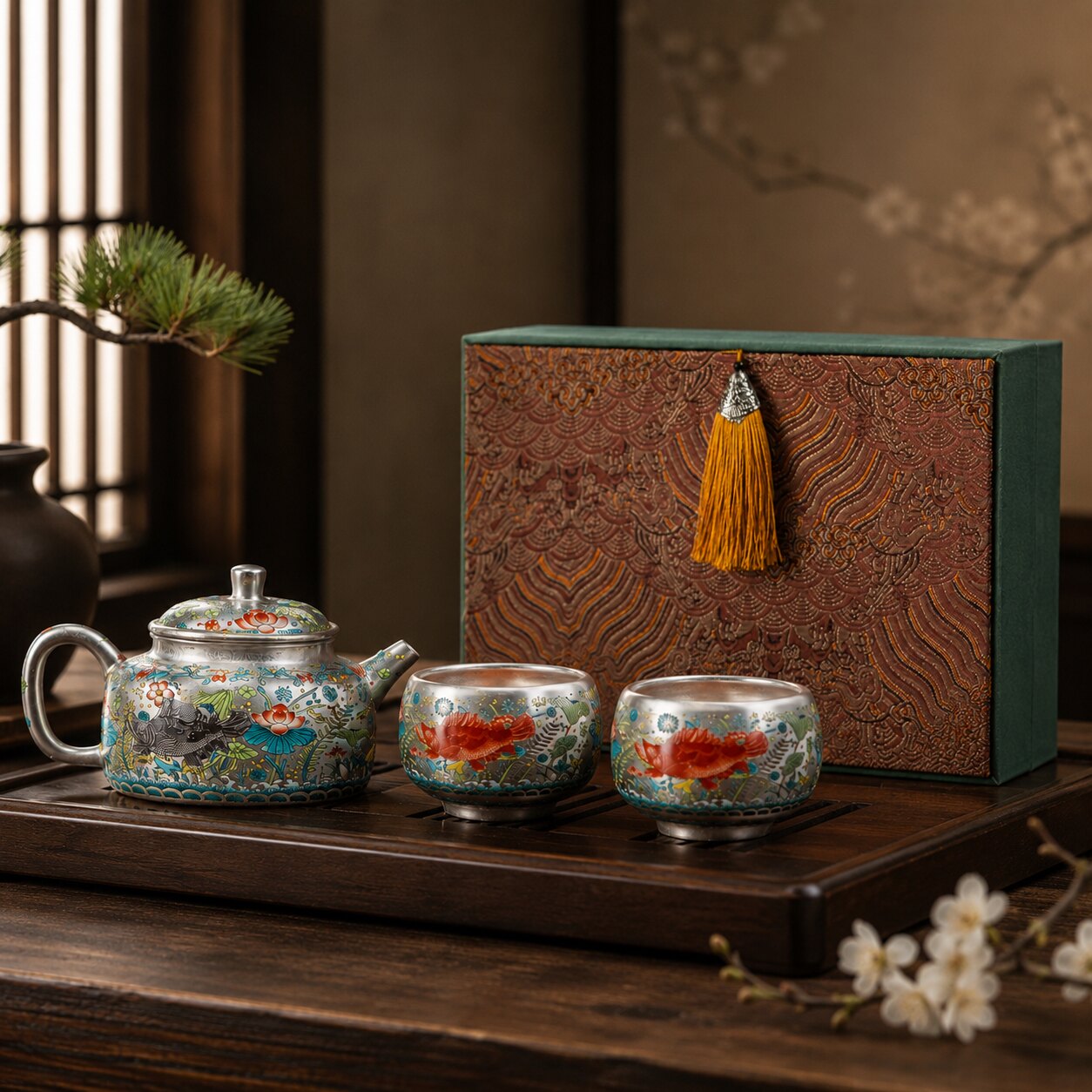周鸿杰鎏银999鱼藻纹茶壶茶杯