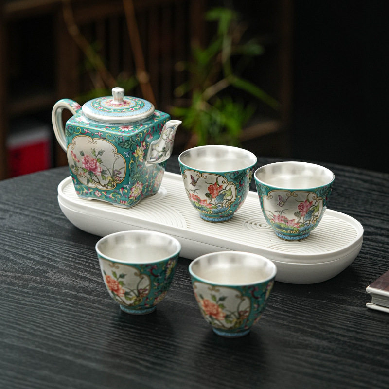 纯银鎏银茶具珐琅彩功夫茶具套装鎏银泡茶壶一壶四杯礼盒装伴手礼