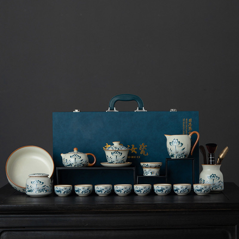 青莲米黄汝窑悬停功夫茶具套装陶瓷茶杯汝瓷可养开片整套礼盒装