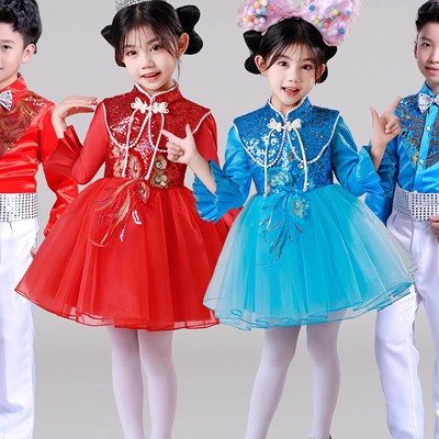 男女童元旦红蓝亮片蓬蓬纱演出服