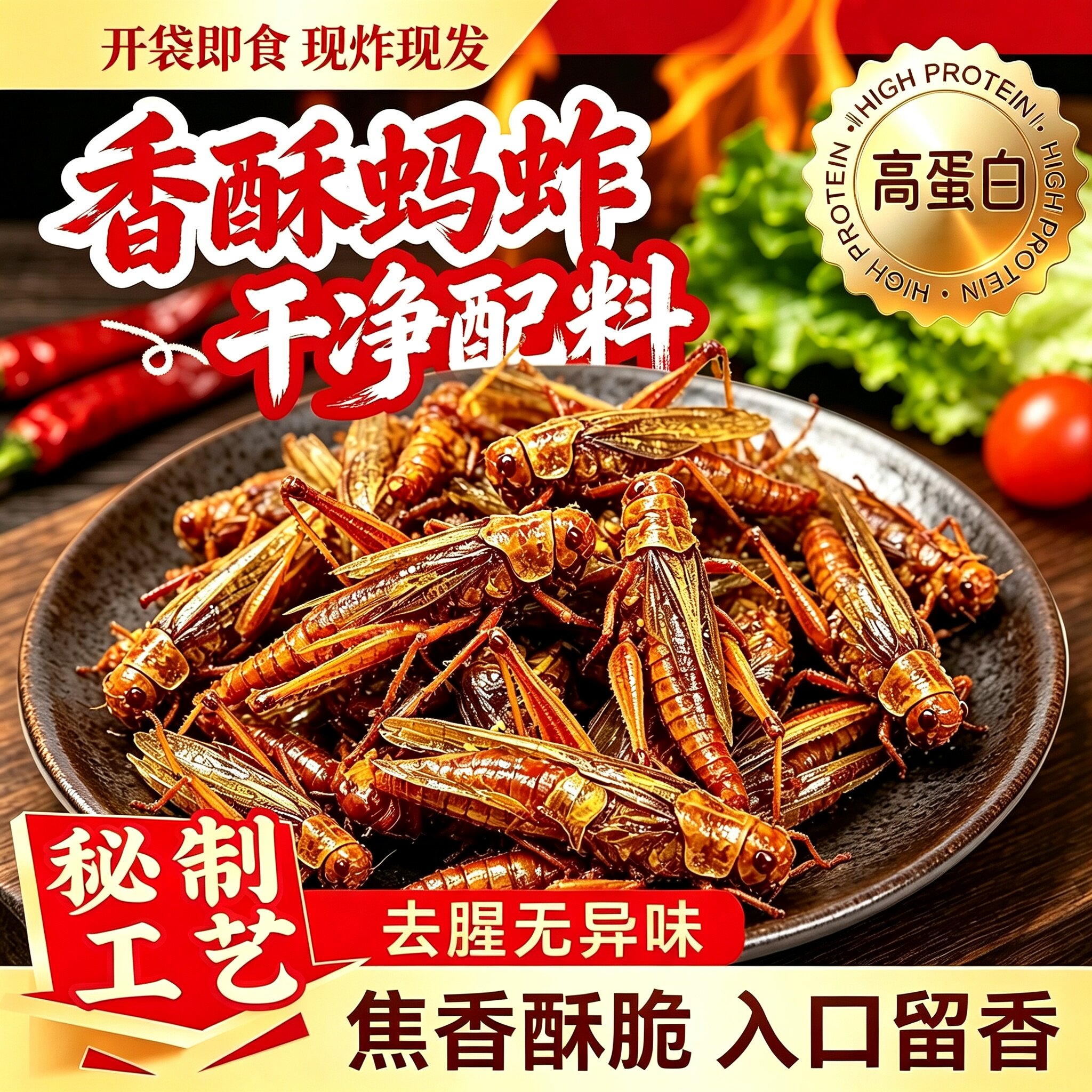 香酥蚂蚱油炸即食油炸蚂蚱蝗虫蚱蜢食用零食虫子烧烤商用昆虫美食