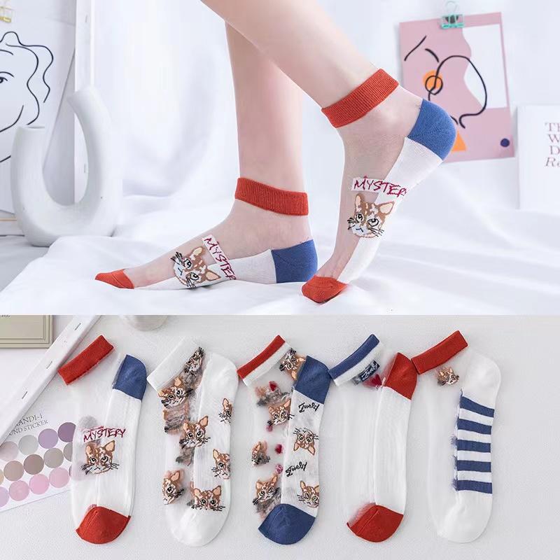 春夏女士猫头卡通玻璃丝短筒透明拼接透气丝袜夏季不闷j