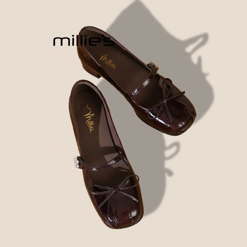 MILLIE'S/妙丽2025夏款真皮方头浅口蝴蝶结水钻一字带低跟单鞋女,女鞋,婚鞋,淘宝优惠券,粉丝福利购,淘宝优惠卷