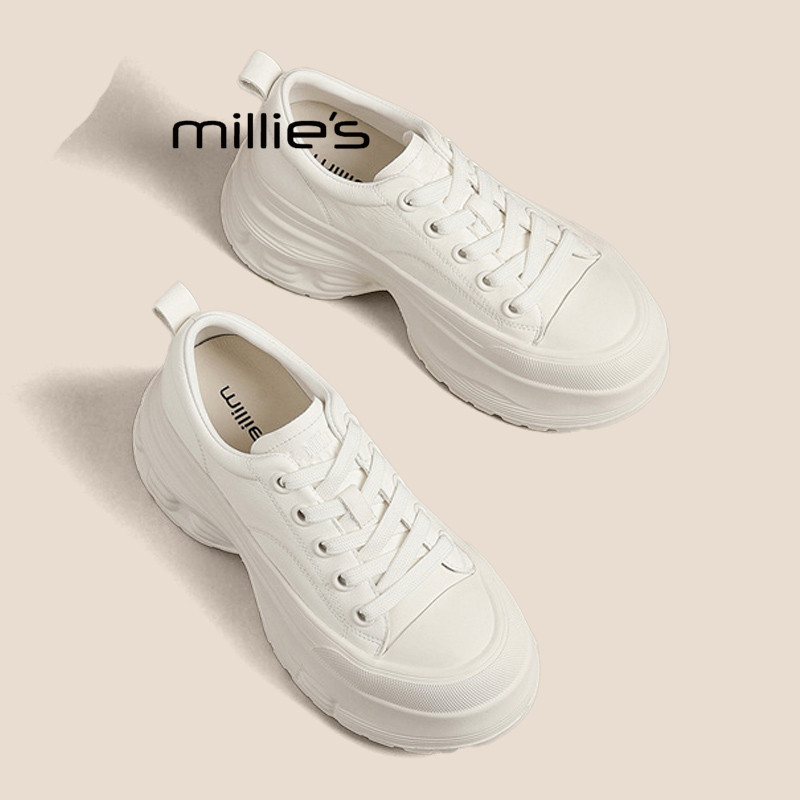 MILLIE'S/妙丽极简风厚底增高休闲鞋女松糕底系带运动鞋米色百搭P