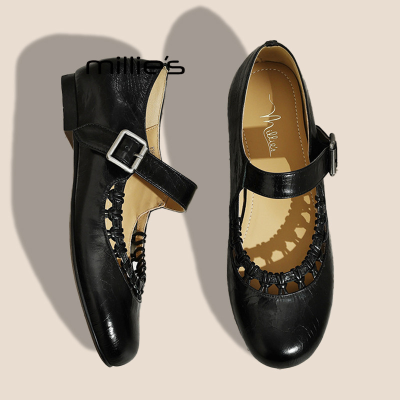 MILLIE'S/妙丽法式复古风黑色真皮玛丽珍鞋女一字带铆钉平底单鞋Z,女鞋,婚鞋,淘宝优惠券,粉丝福利购,淘宝优惠卷