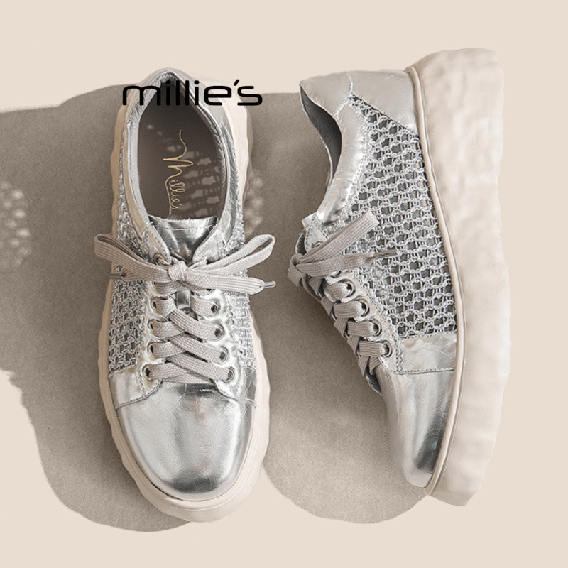 MILLIE'S/妙丽休闲风厚底板鞋女鞋2026春夏新款镂空显高运动鞋潮Q